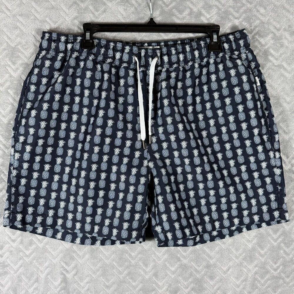 Onia Pineapple Swim Trunks Shorts Dark Blue‎ White Men's Size L Elastic Waist